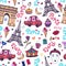 Paris seamless pattern with eiffel tower, triumphal arch and cute doodles.