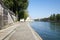 Paris, Seine river and empty docks, clear blue sky in France