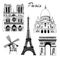 Paris sightseeing set. Eiffel tower, Arc de Triomphe, Basilica of Sacre Coeur, Moulin Rouge, Notre Dame. France. Vector