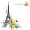 Paris spring card.Eiffel tower,Watercolor flowers