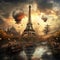 Paris in a steampunk universe, with the Eiffel Tower surrounded by flying airships and steam-powered machinery