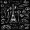 Paris symbols, hand drawn objects or icons on black background