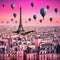 paris and the tour eifel with pink sky and full of hot air balloons, surreal photo