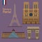 Paris Travel Set. Famous Places - Eiffel Tower, Louvre