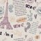 Paris. Vintage seamless pattern with Eiffel Tower, flowers, feathers and text.