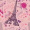 Paris. Vintage seamless pattern with Eiffel Tower, flowers, feathers and text.