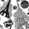 Paris. Vintage seamless pattern with Eiffel Tower, roses and ink scribbles.