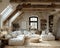 Parisian attic apartment with exposed beams and chic decor3D render
