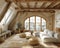 Parisian attic apartment with exposed beams and chic decor3D render