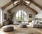 Parisian attic apartment with exposed beams and chic decor3D render