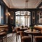 A Parisian-inspired cafe interior with bistro chairs, marble tabletops, vintage light fixtures, and a cozy corner for pastries2