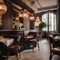 A Parisian-inspired cafe interior with bistro chairs, marble tabletops, vintage light fixtures, and a cozy corner for pastries3