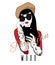 Parisian mood. Vector hand drawn illustration of girl with fringe nad smartphone isolated.