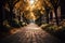 Park alley. Alley of the city park. Long shadows in the evening. Sunlight at sunset. AI generated