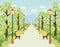 Park, alley with lanterns, benches and green trees. City garden, urban recreation area. Flat vector cartoon illustration