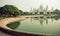 Park around the Victoria Memorial Hall in Kolkata. Water in lake near the Memorial, historical palace in India