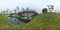 Park at autumn with dark sky, river and bridge Ugly landscape. 3D spherical panorama with 360 degree viewing angle Ready for virtu