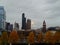 a park in autumn with trees and skyscrapers