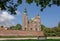 Park with beautiful brick walls of Rosenborg Castle, built in 17th century. Historical landmarks of Copenhagen, Denmark