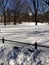 Park bench berried in snow in Central Park