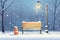 park bench engulfed by snow, streetlights faint glow