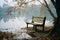 a park bench sits in front of a lake