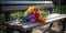 A park bench with a small bouquet of rainbow-colored flowers left behind, symbolizing an lgbt couple recent visit