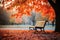 A park bench surrounded by vibrant fall foliage. Generative AI
