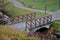 A park bridge with a wooden railing leads across a stream. in the nature park there is an arched concrete bridge and a maze of hor