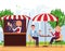 Park cafe with parasol and awning . Couple on weekend date. People Drink Coffe with cakes in Outdoor Street Cafe. Park with