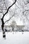 The park in the center of Belgrade on a snowy day, wth the National Assembly of the Republic of Serbia