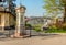 Park Ciani in the center of Lugano with historic limnimeter and Resin Sculpture of the dying Socrates, Switzerland