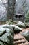 Park Gazebo with Mossy Rocks and Stairs and Light Snow