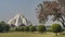 In the park, on a green lawn, spherical trimmed and flowering trees grow in a row.