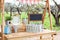 In the park on the green lawn a wooden counter with a lemonade. An adorable summer lemonade stand. Cooking homemade lemonade in th