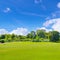 Park, green meadow and blue sky.