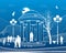Park infrastructure illustration. Garden house. People walk and relax in nature. Evening city scene. White lines on blue backgroun