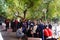 Park landscape, the men and women and the young and the young tourists play in the park