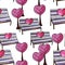 Park of lovers colorful illustration for valentine`s day trees and benches in the form of a heart. Watercolor seamless