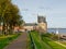 Park and medieval gatehouse tower next to Veere lake in the Netherlands