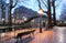 The park near Canal Saint-Martin at night .It is long canal in Paris, connecting the Canal de l`Ourcq to the river Seine