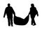 Park outdoor workers with bag of leaves or garbage, trash, vector silhouette. Gardeners holds a plastic bag with trash.