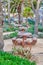 Park with palm trees and tround tables with seats in San Diego California