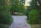 Park path with greenery around and monument at crossroad