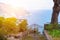 Park in Ravello, Italy overlooking Amalfi sea coast. Garden with a scenic view