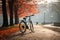 Park solitude White bicycle stands alone in the tranquil morning