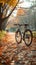 Park solitude White bicycle stands alone in the tranquil morning