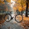 Park solitude White bicycle stands alone in the tranquil morning