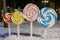 In the park there are colorful candy decorations, a colorful spiral lollipop.Winter Park