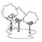Park with trees and bushes cartoon in black and white